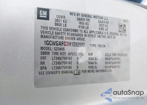 2017 Chevrolet Express 2500 Work Van z USA, uszkodzony, nr VIN 1GCWGAFG3H1292992